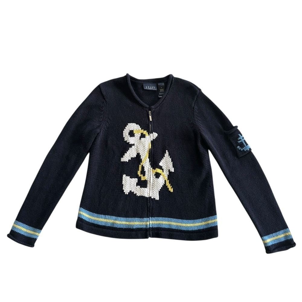 Crazy Horse Heavy Sweater Blue Knit Nautical Anchor Full Zip Coastal retro SizeM